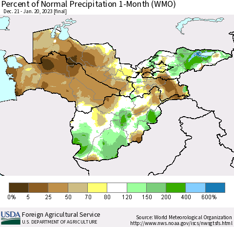 Central Asia Percent of Normal Precipitation 1-Month (WMO) Thematic Map For 12/21/2022 - 1/20/2023