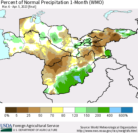 Central Asia Percent of Normal Precipitation 1-Month (WMO) Thematic Map For 3/6/2023 - 4/5/2023