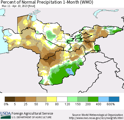 Central Asia Percent of Normal Precipitation 1-Month (WMO) Thematic Map For 3/11/2023 - 4/10/2023