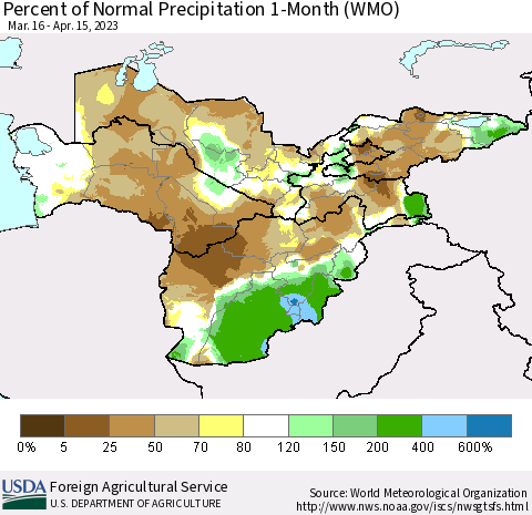 Central Asia Percent of Normal Precipitation 1-Month (WMO) Thematic Map For 3/16/2023 - 4/15/2023