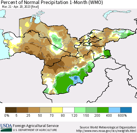 Central Asia Percent of Normal Precipitation 1-Month (WMO) Thematic Map For 3/21/2023 - 4/20/2023