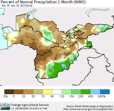 Central Asia Percent of Normal Precipitation 1-Month (WMO) Thematic Map For 3/26/2023 - 4/25/2023