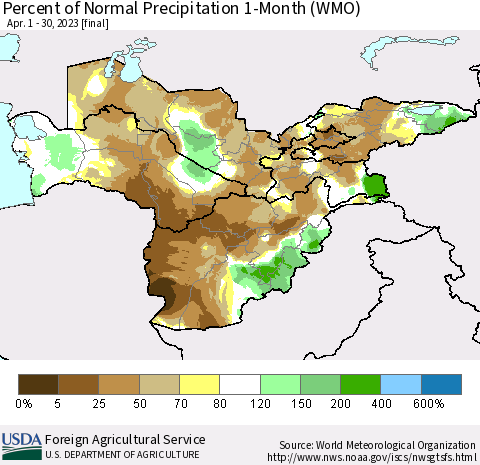 Central Asia Percent of Normal Precipitation 1-Month (WMO) Thematic Map For 4/1/2023 - 4/30/2023