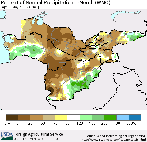 Central Asia Percent of Normal Precipitation 1-Month (WMO) Thematic Map For 4/6/2023 - 5/5/2023