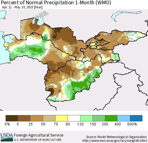 Central Asia Percent of Normal Precipitation 1-Month (WMO) Thematic Map For 4/11/2023 - 5/10/2023