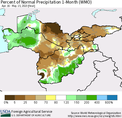 Central Asia Percent of Normal Precipitation 1-Month (WMO) Thematic Map For 4/16/2023 - 5/15/2023