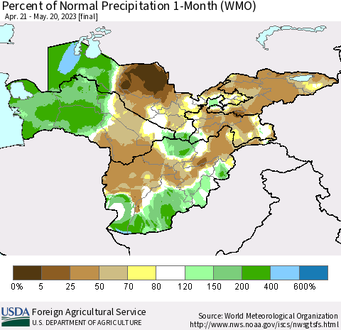 Central Asia Percent of Normal Precipitation 1-Month (WMO) Thematic Map For 4/21/2023 - 5/20/2023