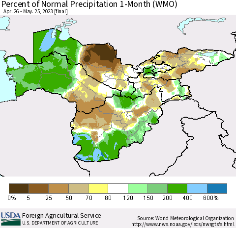 Central Asia Percent of Normal Precipitation 1-Month (WMO) Thematic Map For 4/26/2023 - 5/25/2023