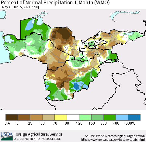Central Asia Percent of Normal Precipitation 1-Month (WMO) Thematic Map For 5/6/2023 - 6/5/2023