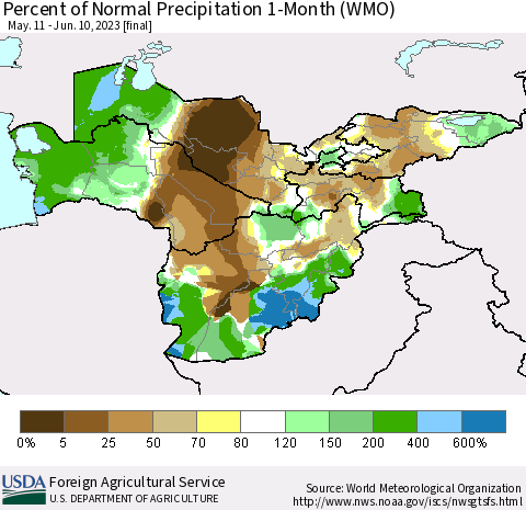 Central Asia Percent of Normal Precipitation 1-Month (WMO) Thematic Map For 5/11/2023 - 6/10/2023
