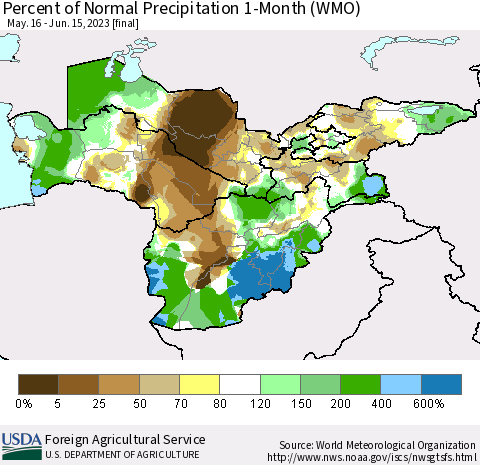 Central Asia Percent of Normal Precipitation 1-Month (WMO) Thematic Map For 5/16/2023 - 6/15/2023