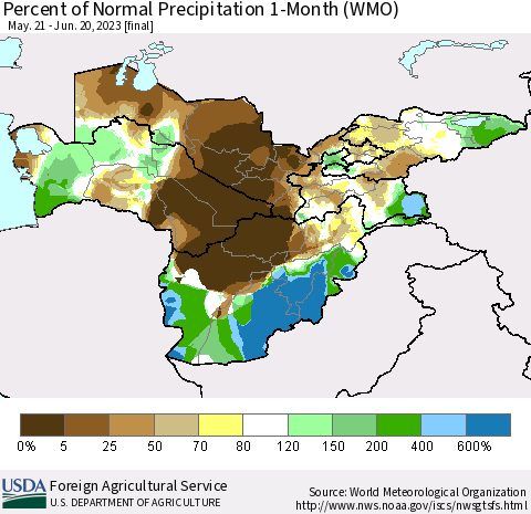 Central Asia Percent of Normal Precipitation 1-Month (WMO) Thematic Map For 5/21/2023 - 6/20/2023
