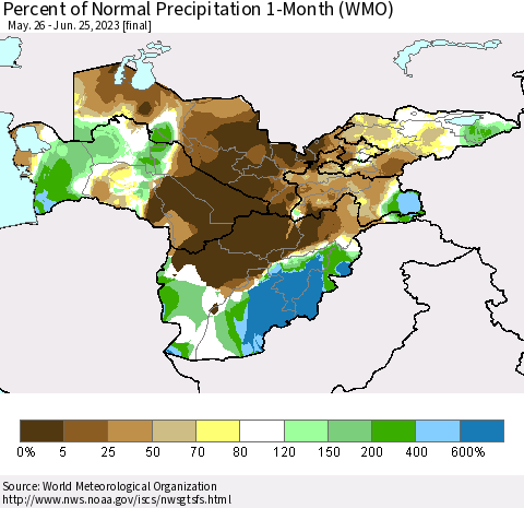 Central Asia Percent of Normal Precipitation 1-Month (WMO) Thematic Map For 5/26/2023 - 6/25/2023