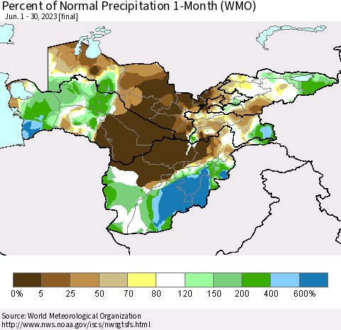 Central Asia Percent of Normal Precipitation 1-Month (WMO) Thematic Map For 6/1/2023 - 6/30/2023
