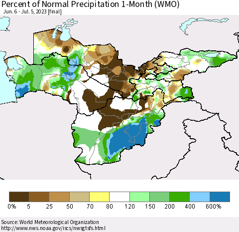 Central Asia Percent of Normal Precipitation 1-Month (WMO) Thematic Map For 6/6/2023 - 7/5/2023