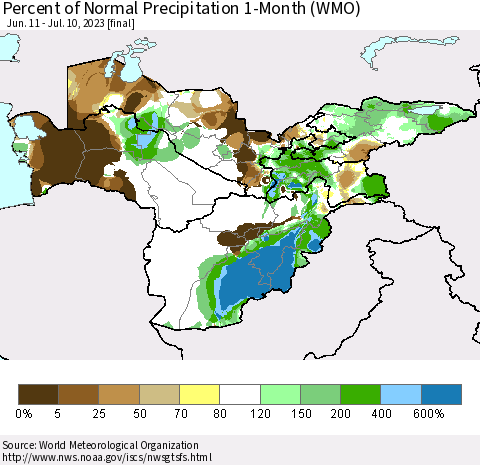 Central Asia Percent of Normal Precipitation 1-Month (WMO) Thematic Map For 6/11/2023 - 7/10/2023