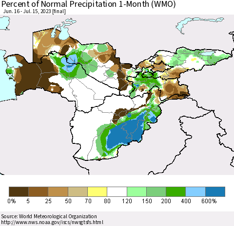 Central Asia Percent of Normal Precipitation 1-Month (WMO) Thematic Map For 6/16/2023 - 7/15/2023