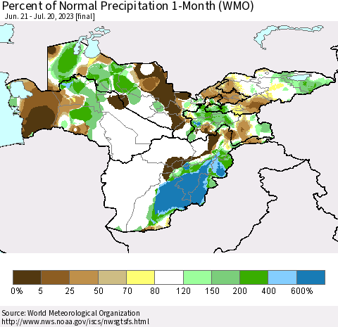 Central Asia Percent of Normal Precipitation 1-Month (WMO) Thematic Map For 6/21/2023 - 7/20/2023