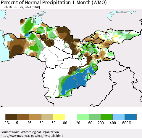 Central Asia Percent of Normal Precipitation 1-Month (WMO) Thematic Map For 6/26/2023 - 7/25/2023