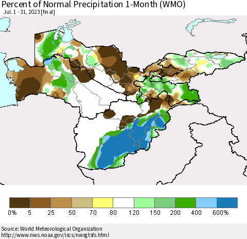 Central Asia Percent of Normal Precipitation 1-Month (WMO) Thematic Map For 7/1/2023 - 7/31/2023