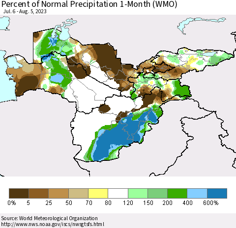 Central Asia Percent of Normal Precipitation 1-Month (WMO) Thematic Map For 7/6/2023 - 8/5/2023