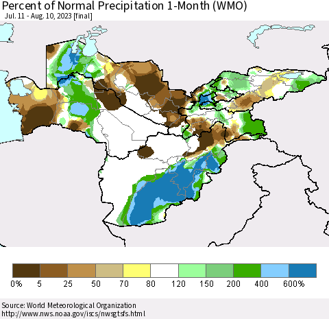 Central Asia Percent of Normal Precipitation 1-Month (WMO) Thematic Map For 7/11/2023 - 8/10/2023