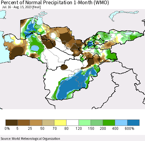 Central Asia Percent of Normal Precipitation 1-Month (WMO) Thematic Map For 7/16/2023 - 8/15/2023