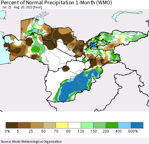 Central Asia Percent of Normal Precipitation 1-Month (WMO) Thematic Map For 7/21/2023 - 8/20/2023