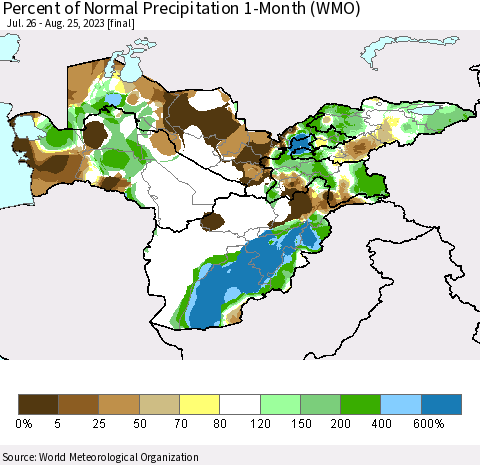 Central Asia Percent of Normal Precipitation 1-Month (WMO) Thematic Map For 7/26/2023 - 8/25/2023