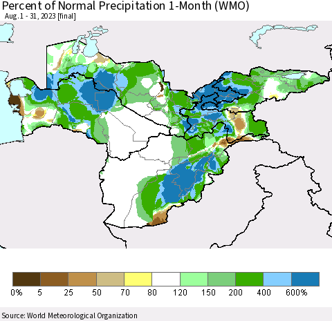 Central Asia Percent of Normal Precipitation 1-Month (WMO) Thematic Map For 8/1/2023 - 8/31/2023