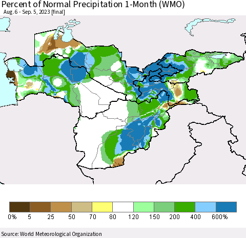 Central Asia Percent of Normal Precipitation 1-Month (WMO) Thematic Map For 8/6/2023 - 9/5/2023
