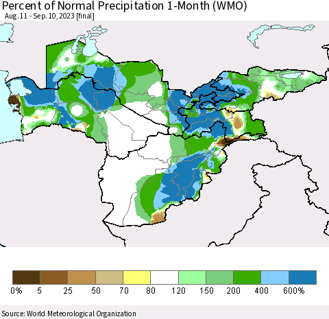 Central Asia Percent of Normal Precipitation 1-Month (WMO) Thematic Map For 8/11/2023 - 9/10/2023