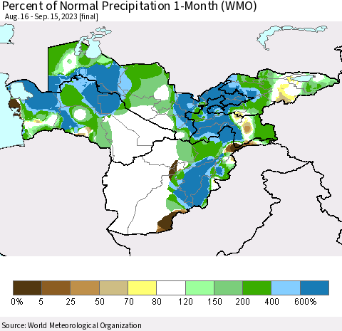 Central Asia Percent of Normal Precipitation 1-Month (WMO) Thematic Map For 8/16/2023 - 9/15/2023