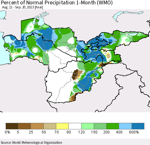 Central Asia Percent of Normal Precipitation 1-Month (WMO) Thematic Map For 8/21/2023 - 9/20/2023