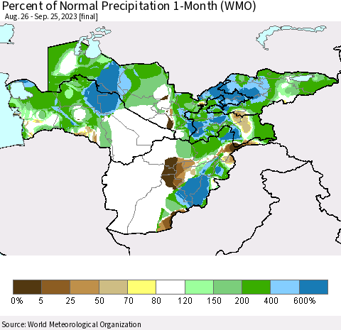 Central Asia Percent of Normal Precipitation 1-Month (WMO) Thematic Map For 8/26/2023 - 9/25/2023