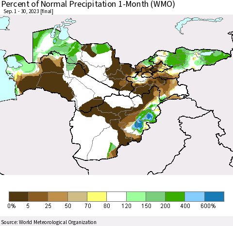 Central Asia Percent of Normal Precipitation 1-Month (WMO) Thematic Map For 9/1/2023 - 9/30/2023