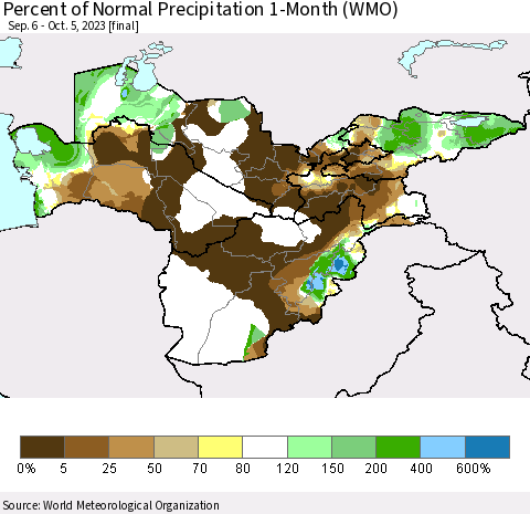 Central Asia Percent of Normal Precipitation 1-Month (WMO) Thematic Map For 9/6/2023 - 10/5/2023