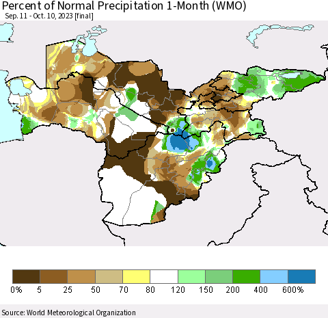 Central Asia Percent of Normal Precipitation 1-Month (WMO) Thematic Map For 9/11/2023 - 10/10/2023