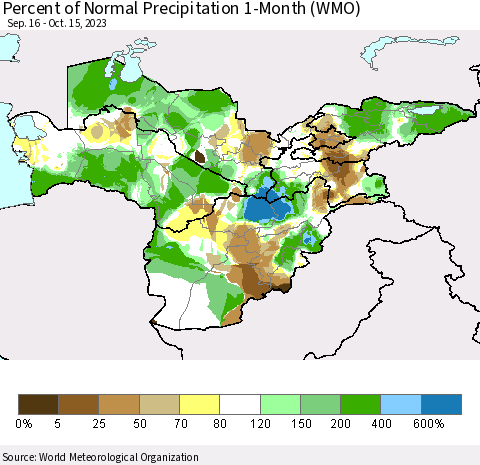 Central Asia Percent of Normal Precipitation 1-Month (WMO) Thematic Map For 9/16/2023 - 10/15/2023