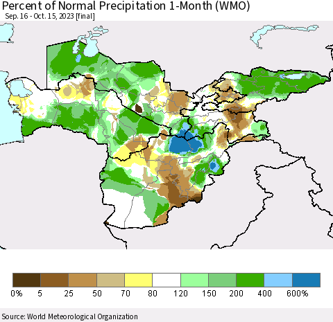 Central Asia Percent of Normal Precipitation 1-Month (WMO) Thematic Map For 9/16/2023 - 10/15/2023