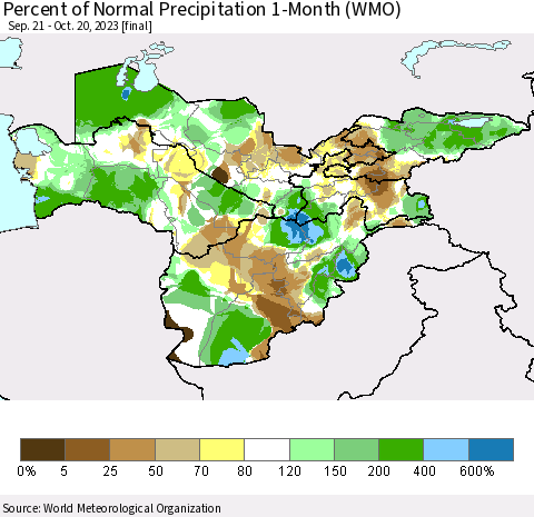 Central Asia Percent of Normal Precipitation 1-Month (WMO) Thematic Map For 9/21/2023 - 10/20/2023