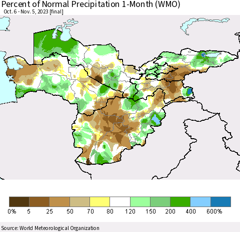 Central Asia Percent of Normal Precipitation 1-Month (WMO) Thematic Map For 10/6/2023 - 11/5/2023