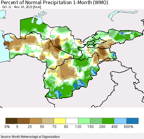 Central Asia Percent of Normal Precipitation 1-Month (WMO) Thematic Map For 10/11/2023 - 11/10/2023