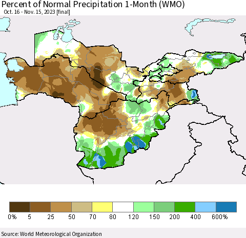 Central Asia Percent of Normal Precipitation 1-Month (WMO) Thematic Map For 10/16/2023 - 11/15/2023