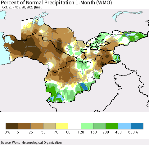 Central Asia Percent of Normal Precipitation 1-Month (WMO) Thematic Map For 10/21/2023 - 11/20/2023