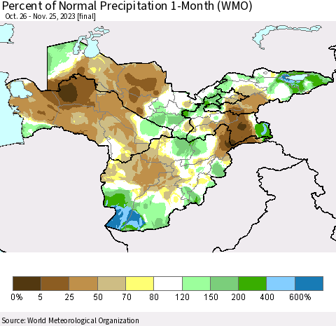 Central Asia Percent of Normal Precipitation 1-Month (WMO) Thematic Map For 10/26/2023 - 11/25/2023
