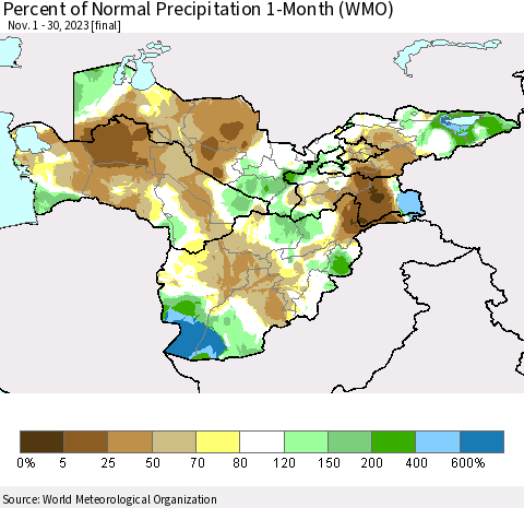Central Asia Percent of Normal Precipitation 1-Month (WMO) Thematic Map For 11/1/2023 - 11/30/2023