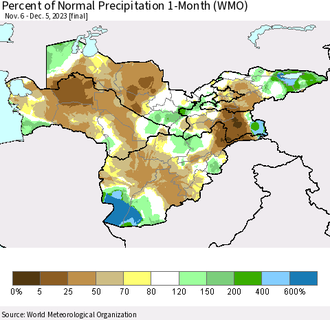 Central Asia Percent of Normal Precipitation 1-Month (WMO) Thematic Map For 11/6/2023 - 12/5/2023