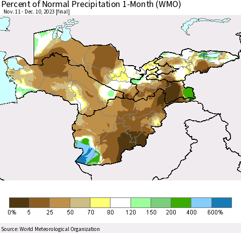 Central Asia Percent of Normal Precipitation 1-Month (WMO) Thematic Map For 11/11/2023 - 12/10/2023