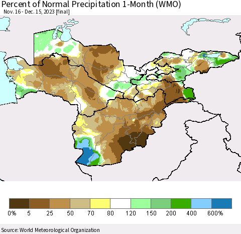 Central Asia Percent of Normal Precipitation 1-Month (WMO) Thematic Map For 11/16/2023 - 12/15/2023